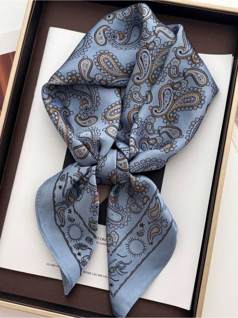 Light Blue Paisley Silk-Feel Scarf for Women